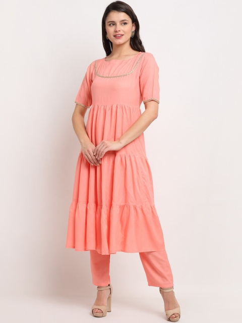 

The Mini NEEDLE Women Peach-Coloured Embroidered Tiered Gotta Patti Kurti with Trousers