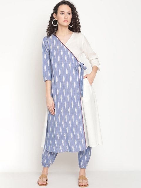 

Abhishti Women Blue & White Angrakha Pure Cotton Ikat Kurta with Salwar