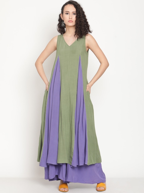 

Abhishti Women Green & Lavender Colourblocked Panelled Pure Cotton Kurta with Palazzos