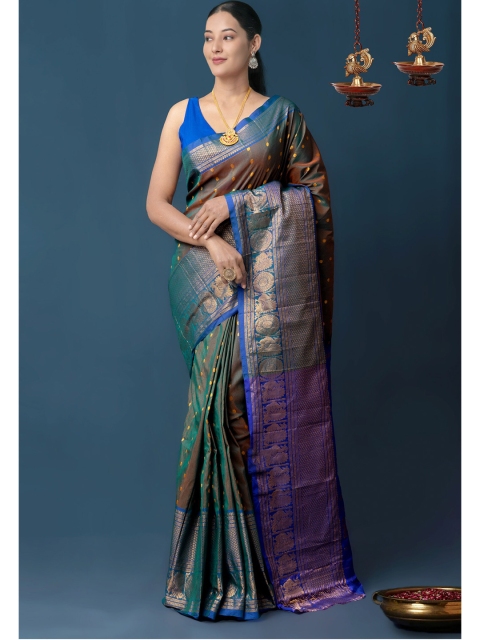 

Unnati Silks Green & Blue Pure Handloom Ethnic Motifs Zari Narayan Peth Saree