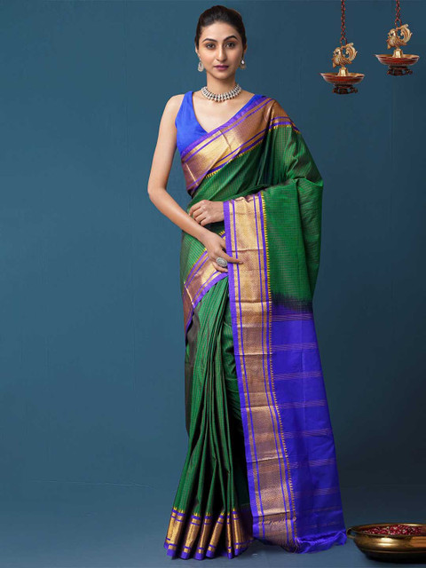 

Unnati Silks Green & Blue Woven Design Handloom Zari Narayan Peth Poly Silk Saree