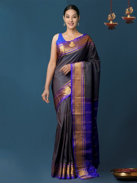 

Unnati Silks Grey & Blue Woven Design Handloom Narayan Peth Saree