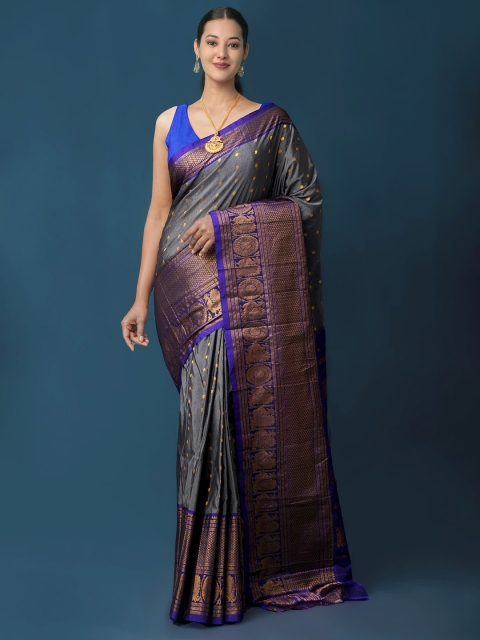 

Unnati Silks Grey & Gold-Toned Woven Design Zari Handloom Narayan Peth Saree