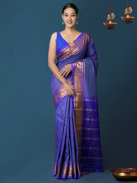 

Unnati Silks Blue & Golden Ethnic Motifs Zari Narayan Peth Saree