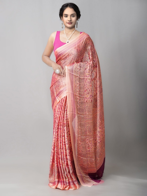 

Unnati Silks Peach-Coloured & Pink Printed Art Chiffon Patola Saree