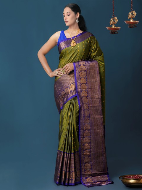 

Unnati Silks Green & Blue Woven Design Zari Handloom Narayan Peth Saree
