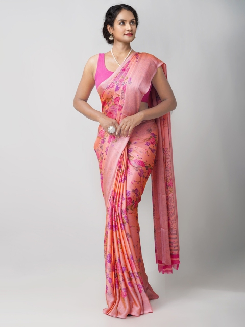 

Unnati Silks Orange & Pink Floral Narayan Peth Saree