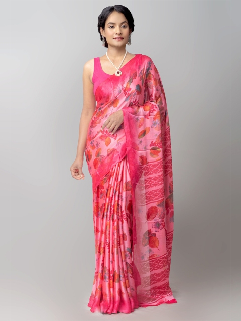

Unnati Silks Pink & Blue Printed Art Chiffon Patola Saree