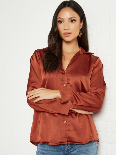 

Femme Luxe Women Rust Red Solid Casual Shirt