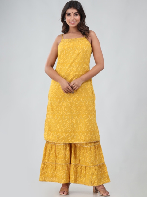 

Chokhi Bandhani Women Yellow Ethnic Motifs Cotton Gotta Patti Kurta with Sharara