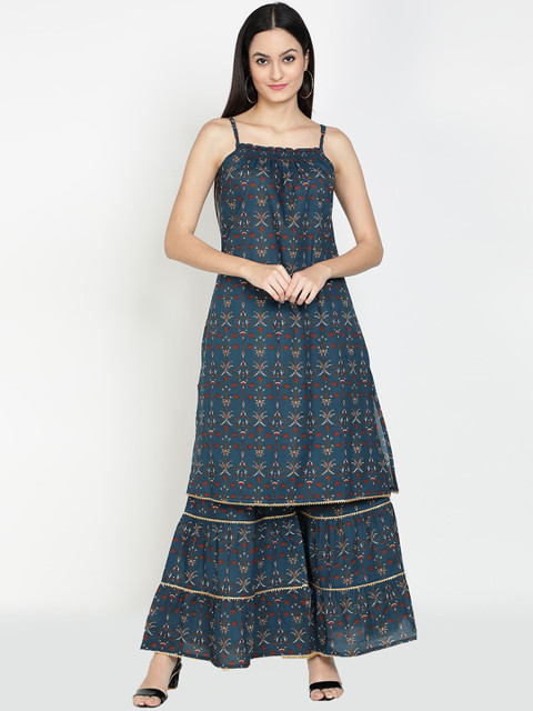

Chokhi Bandhani Women Blue Floral Printed Gotta Patti Kurti with Sharara