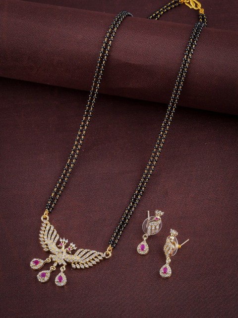 

Brandsoon Gold-Plated Black & White AD-Studded & Beaded Mangalsutra With Earrings