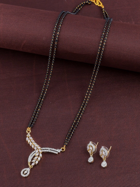 

Brandsoon Gold-Plated & White AD-Studded Beaded Mangalsutra With Earrings