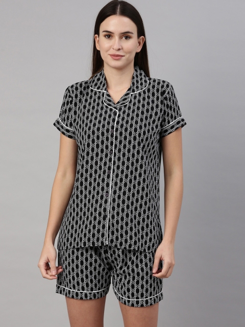 

GOLDSTROMS Women Black & White Typography Printed Night Suit
