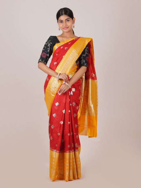 

Pothys Women Red Ethnic Motifs Woven Design Embellished Muga Silk Saree
