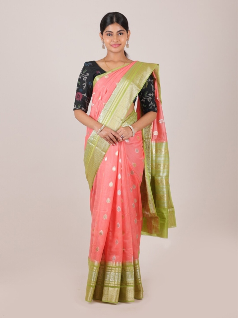 

Pothys Peach-Coloured & Green Floral Zari Pure Silk Muga Saree