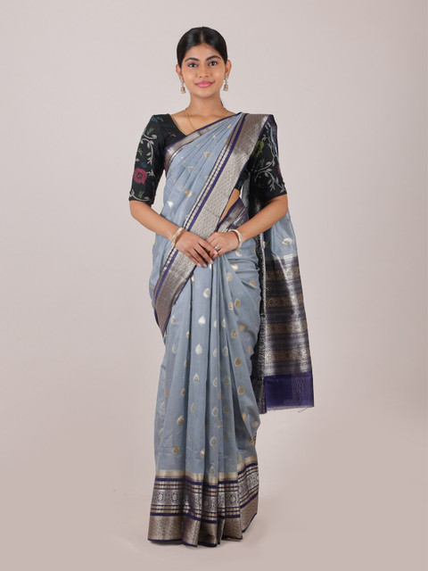 

Pothys Grey & Navy Blue Ethnic Motifs Zari Pure Silk Saree