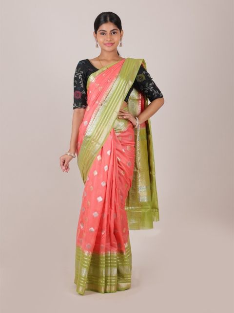 

Pothys Peach-Coloured & Green Ethnic Motifs Zari Pure Silk Saree