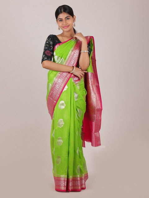 

Pothys Green & Fuchsia Ethnic Motifs Zari Pure Silk Muga Saree