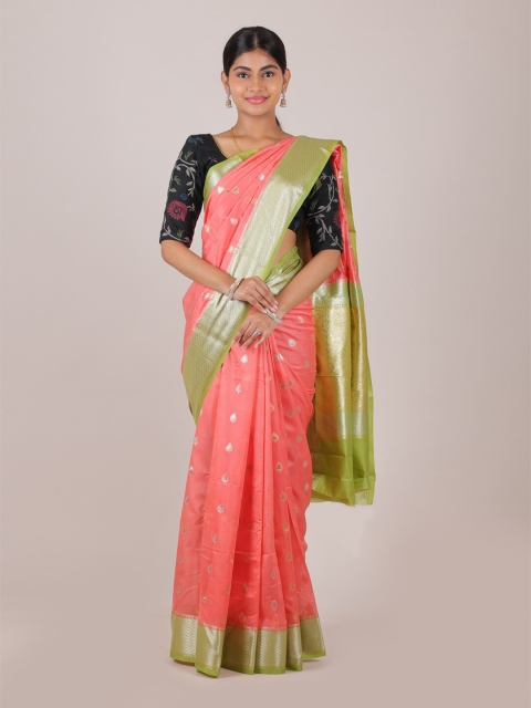 

Pothys Peach-Coloured & Green Woven Design Zari Pure Silk Saree