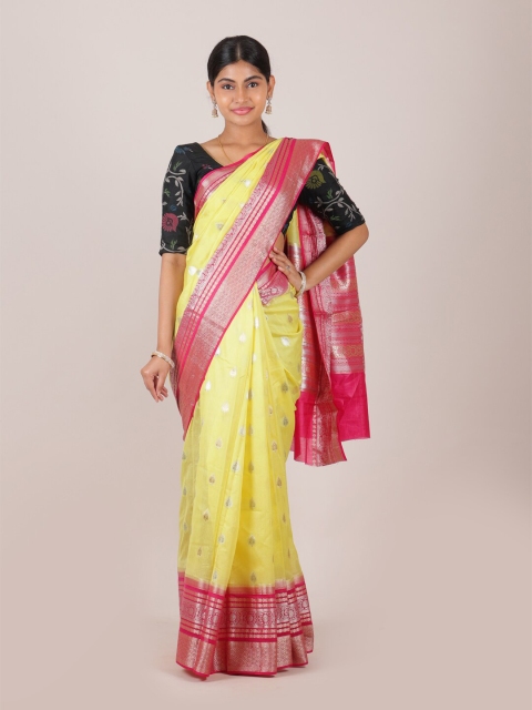 

Pothys Yellow & Fuchsia Woven Design Pure Silk Muga Saree