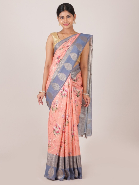 

Pothys Pink & Gold-Toned Floral Printed Zari Pure Silk Saree