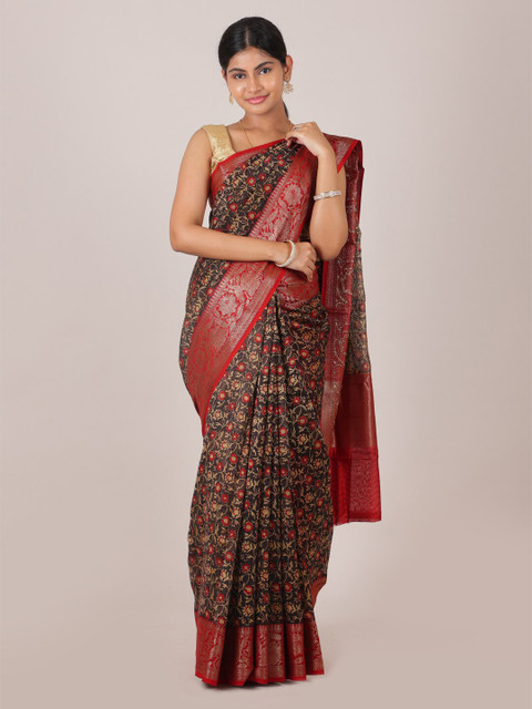 

Pothys Black & Red Floral Printed Zari Pure Silk Saree