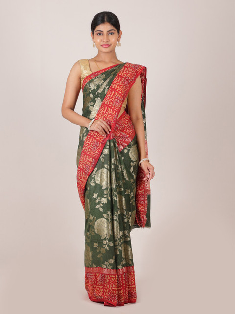 

Pothys Green & Golden Floral Zari Pure Silk Saree