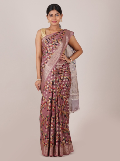 

Pothys Mauve & Gold-Toned Floral Zari Muga Silk Saree