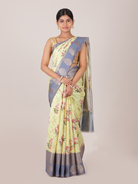 

Pothys Yellow & Blue Ethnic Motifs Zari Pure Silk Muga Saree