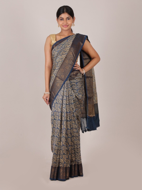 

Pothys Grey & Blue Floral Pure Silk Muga Saree