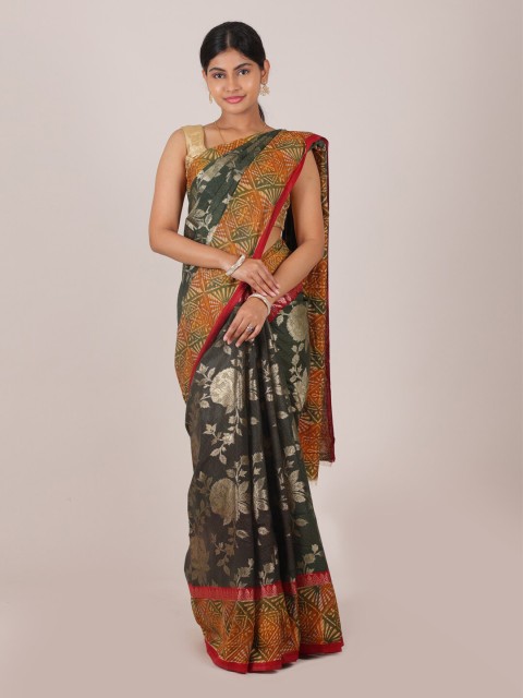 

Pothys Green & Gold-Toned Floral Zari Pure Silk Muga Saree