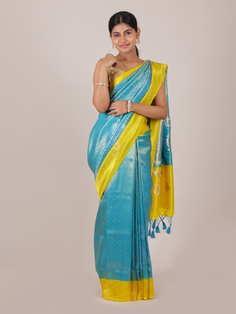 

Pothys Blue & Yellow Woven Design Zari Art Banaras Silk Saree