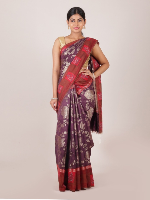 

Pothys Purple & Red Floral Zari Pure Silk Saree