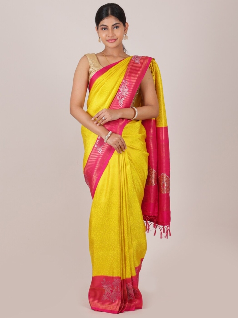 

Pothys Yellow & Silver-Toned Ethnic Motifs Art Banaras Silk Saree