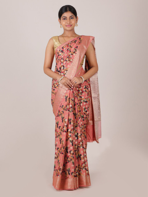 

Pothys Pink & Silver-Toned Floral Zari Pure Silk Muga Saree