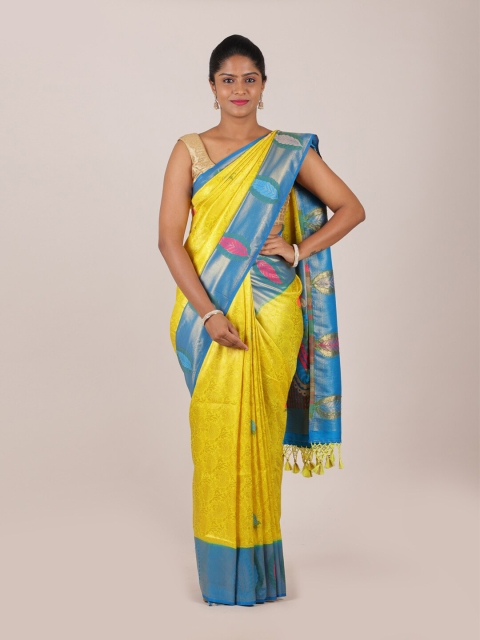 

Pothys Yellow & Blue Floral Zari Art Silk Banarasi Saree