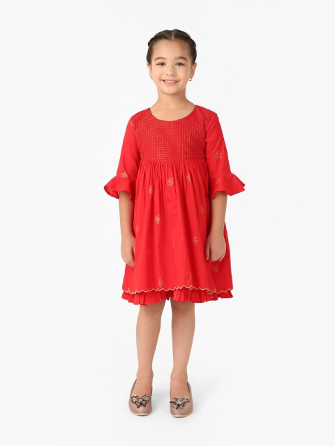 

Fabindia Girls Red & Golden Ethnic Motifs Block Printed Cotton Fit & Flare Dress