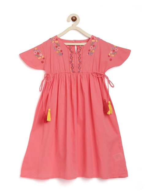 

Fabindia Girls Coral Pink Embroidered Cotton Empire Dress