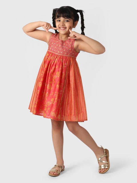 

Fabindia Girls Red & Yellow Floral Printed Embroidered Cotton Silk Empire Dress