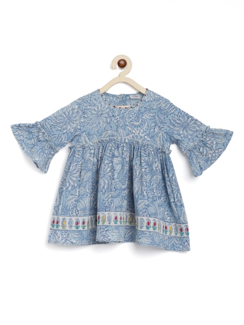 

Fabindia Girls Blue Floral Hand Block Printed Cotton A-Line Dress