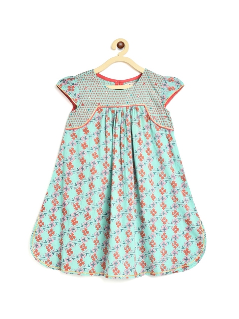

Fabindia Turquoise Blue Floral Cotton A-Line Dress