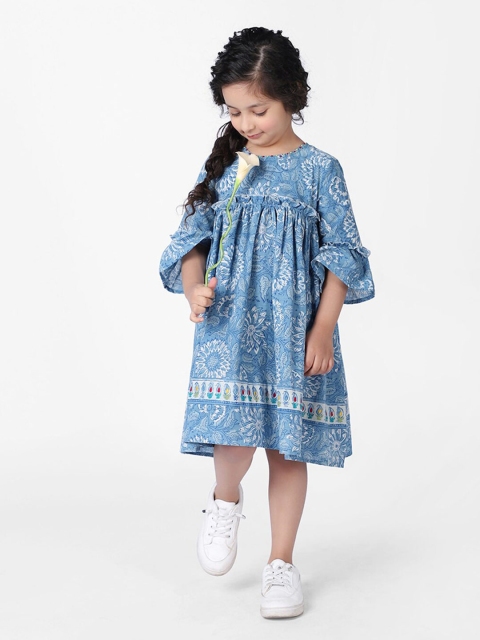

Fabindia Blue Floral Cotton A-Line Dress