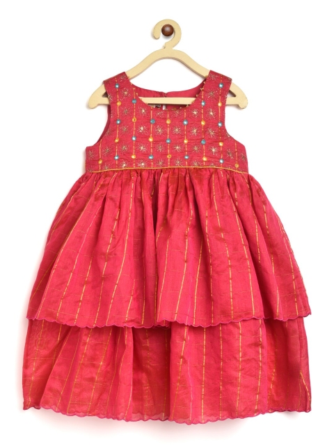

Fabindia Girls Fuchsia Mirror Embroidered Layered Cotton Silk Fit & Flare Dress