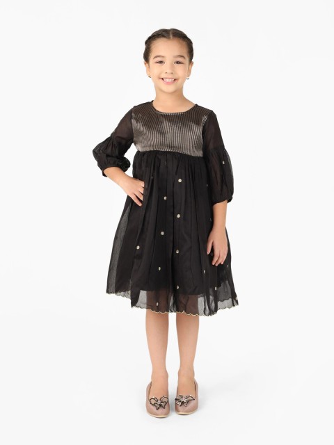 

Fabindia Girls Black & Golden Striped Cotton Silk Empire Midi Dress