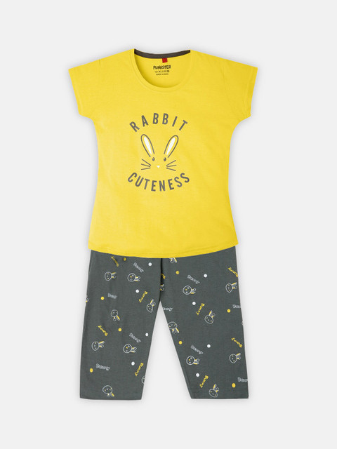 

Punkster Girls Mustard & Green Printed Cotton Night suit