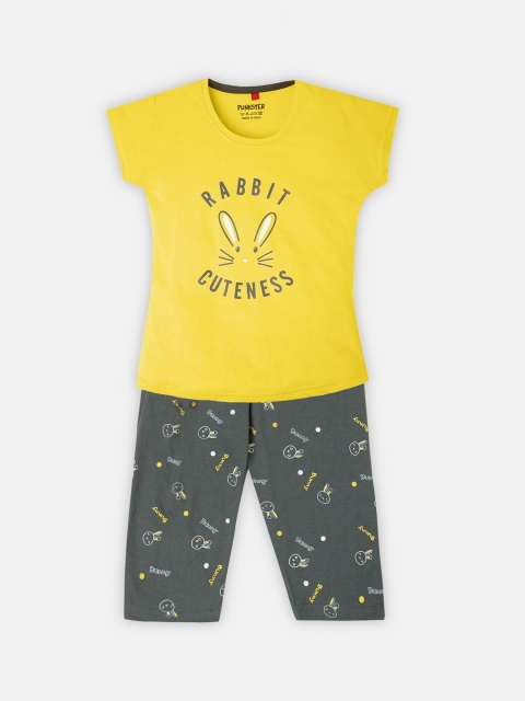 

Punkster Girls Mustard & Green Printed Night suit