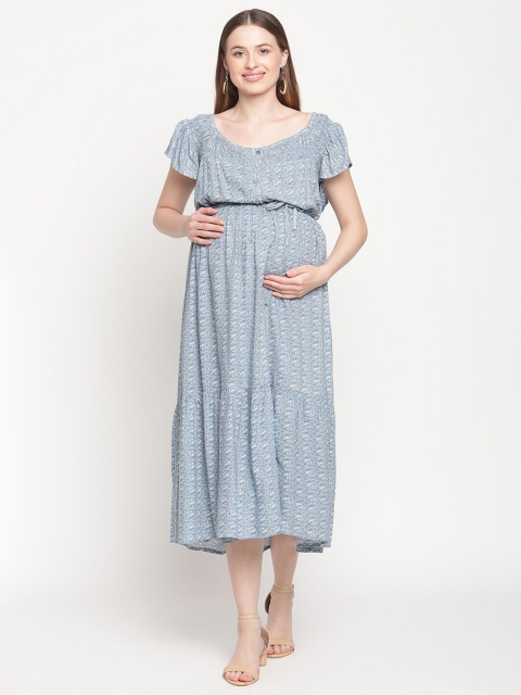 

Moms Maternity Blue & White Floral Printed Smocked Maternity Fit & Flare Midi Dress