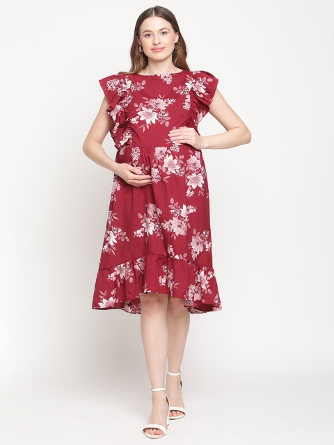 

Moms Maternity Maroon & White Floral Crepe Maternity A-Line Dress