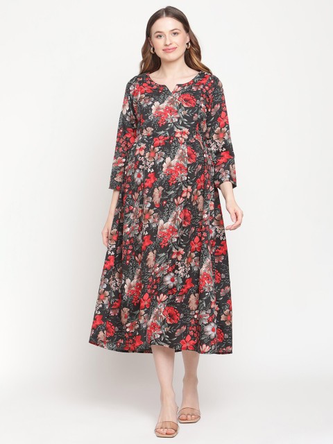 

Moms Maternity Black Floral Crepe Maternity A-Line Midi Dress